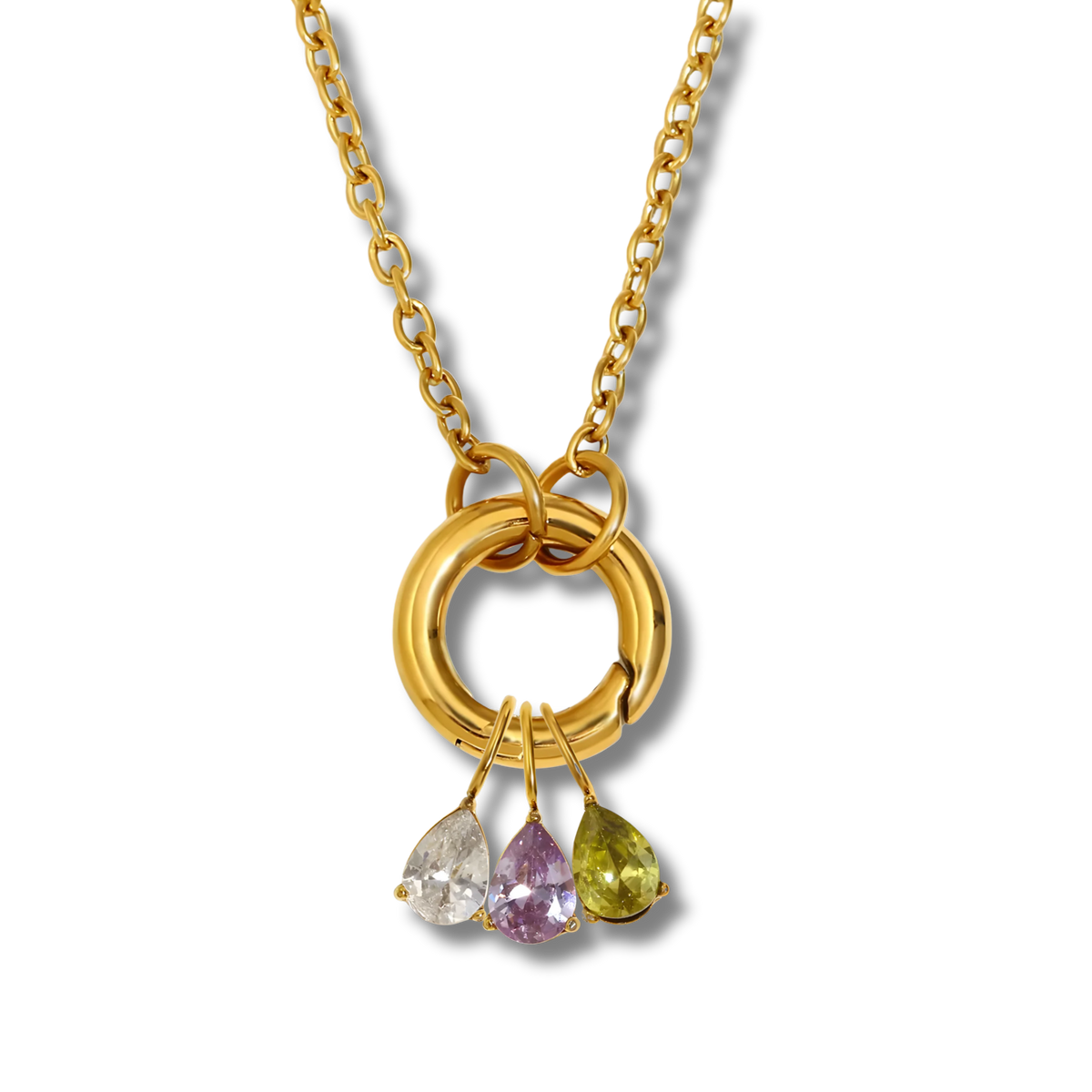 Collar con aro y tres charms de piedras de colores en acero dorado