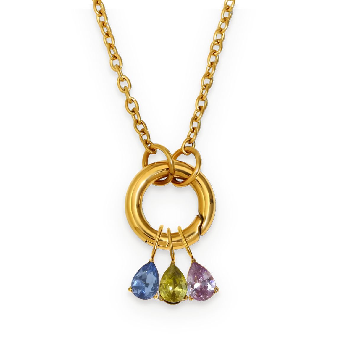 Collar con aro y tres charms de piedras de colores en acero dorado