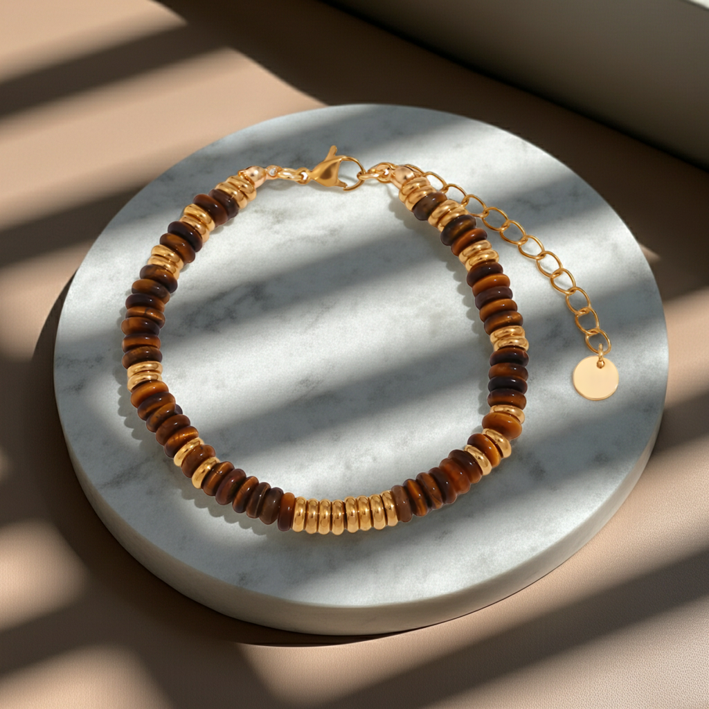 Pulsera Terra Tiger en tonos miel y chocolate con detalles dorados