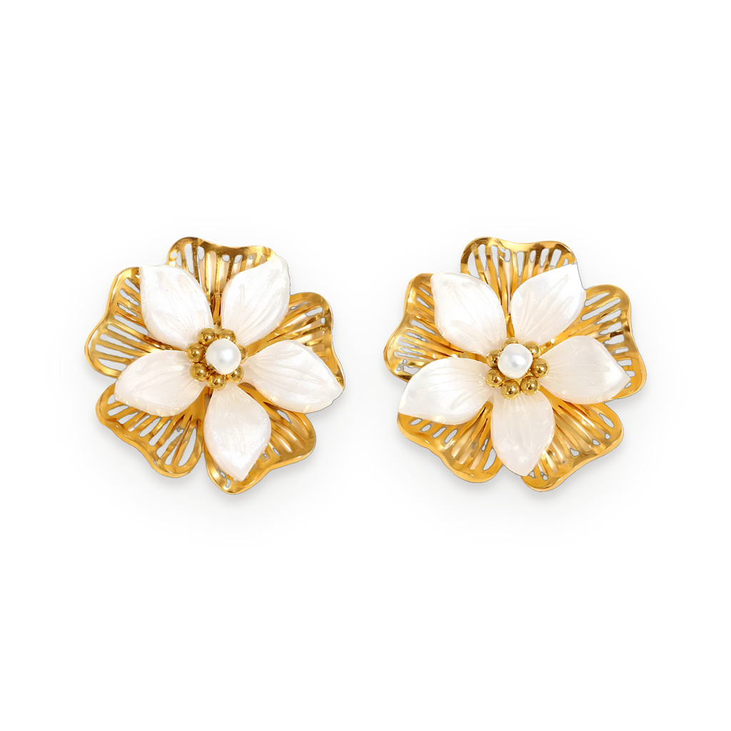 Pendientes florales de perla en acero dorado