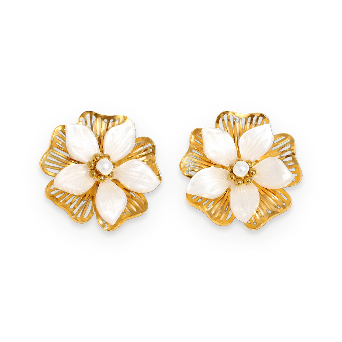 Pendientes florales de perla en acero dorado