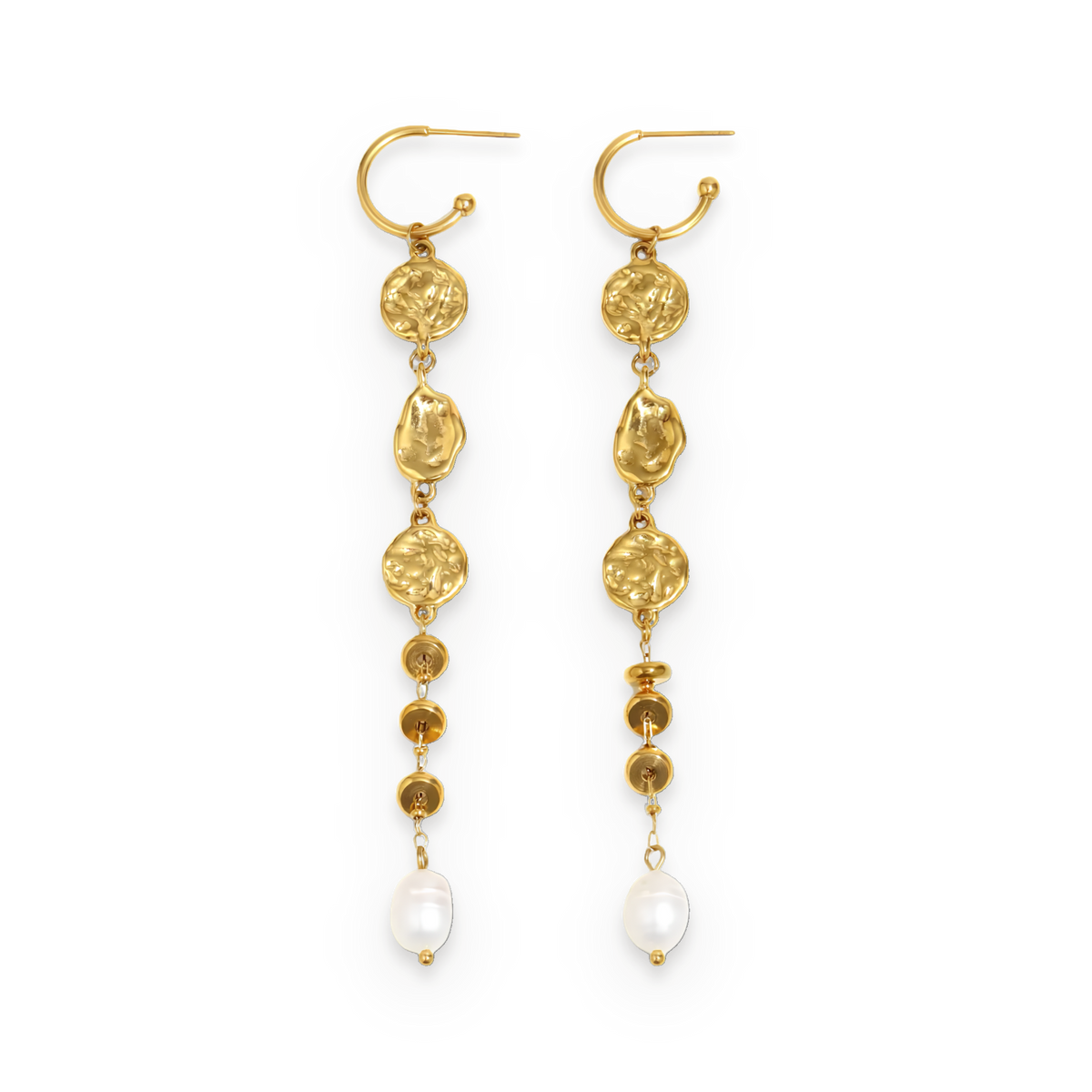 Pendientes largos de piezas con efecto perla en acero dorado