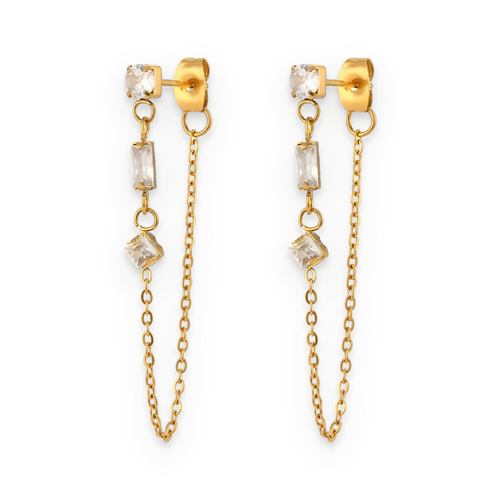 Pendientes de cadena de circonitas en acero dorado