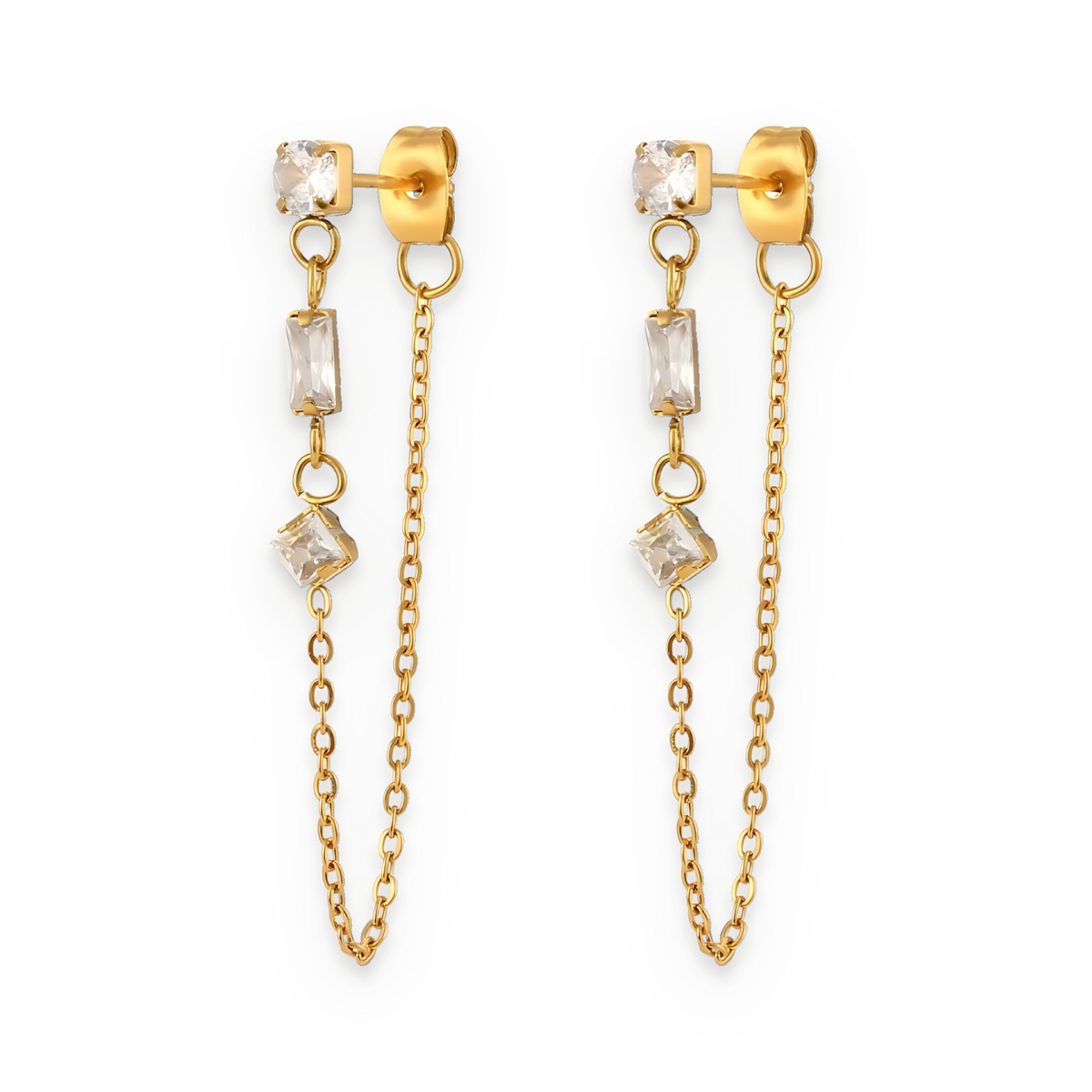 Pendientes de cadena de circonitas en acero dorado