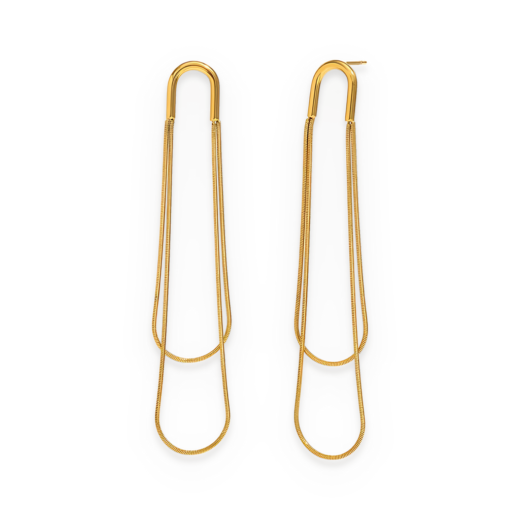 Pendientes largos de doble línea en acero dorado