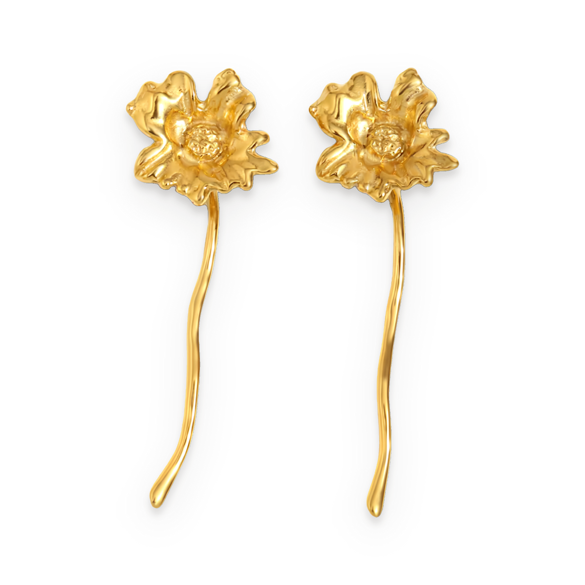 Pendientes largos con diseño de flor en acero dorado