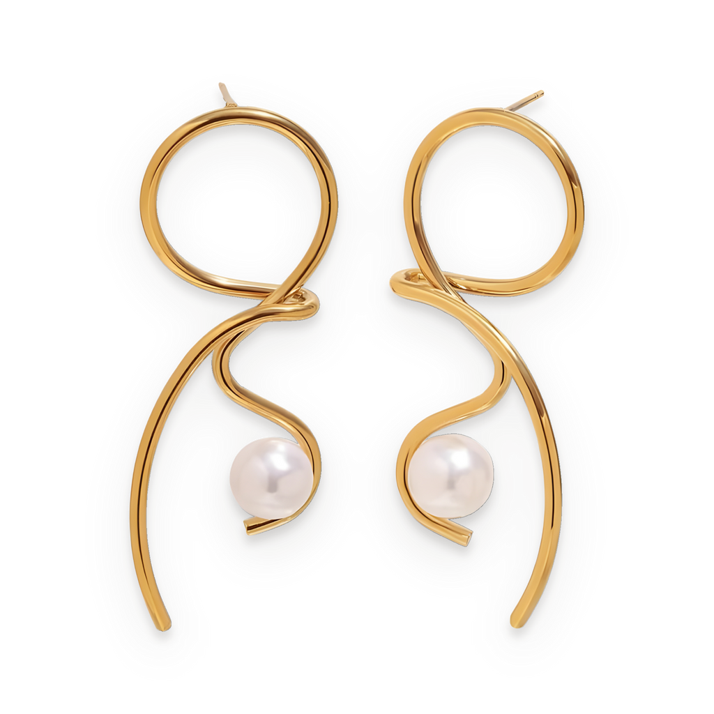 Pendientes de líneas escultóricas de perlas en acero dorado