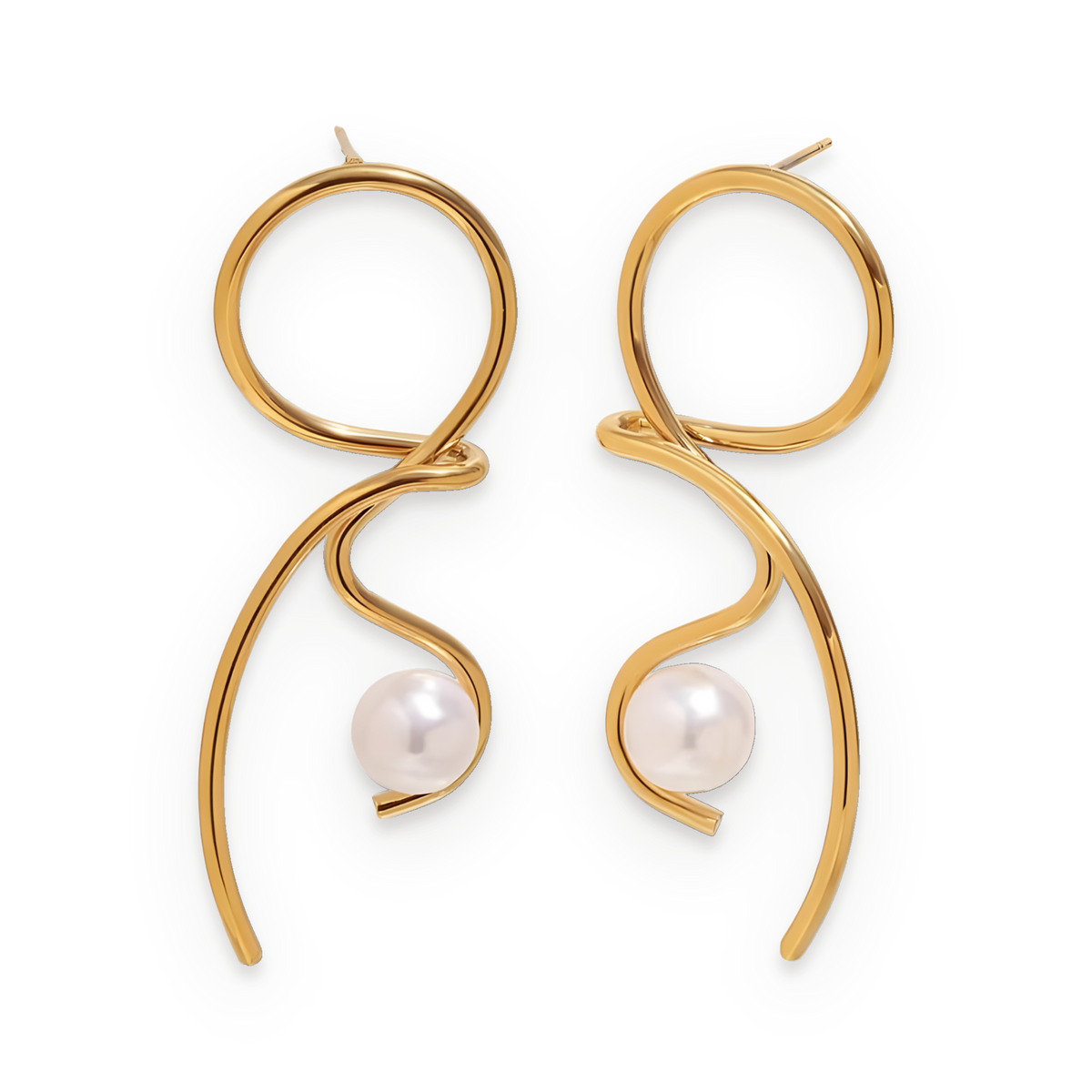 Pendientes de líneas escultóricas de perlas en acero dorado