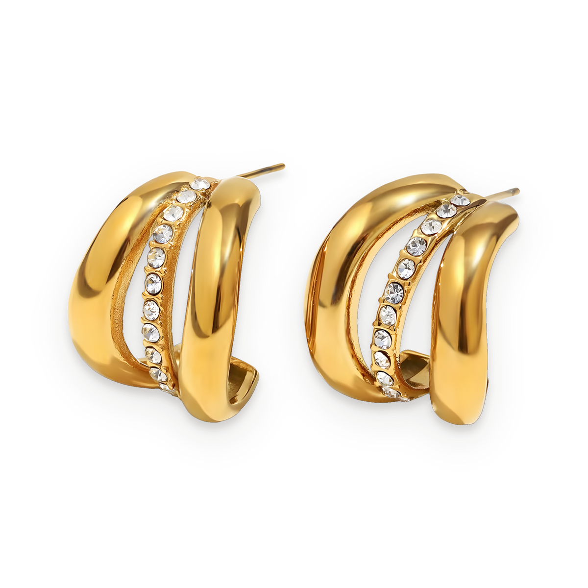 Pendientes de triple aro de circonitas en acero dorado