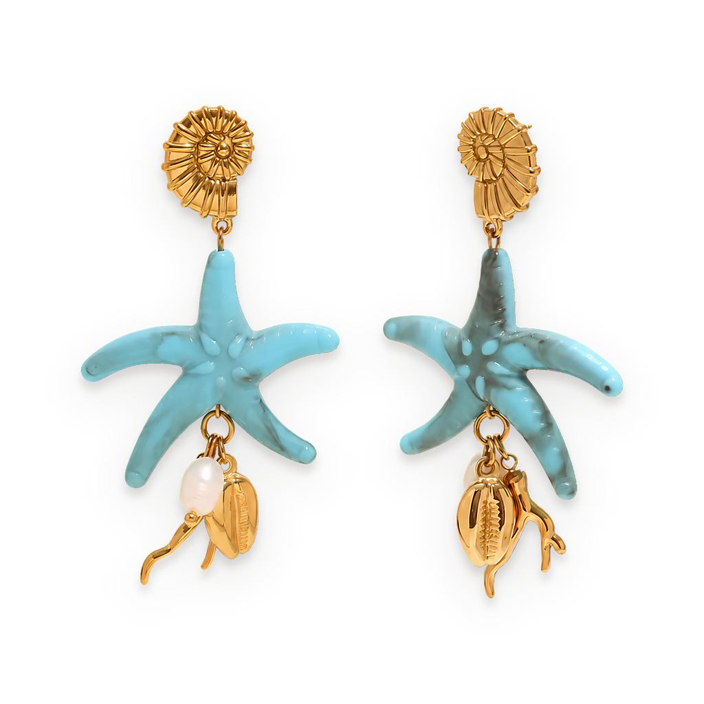 Pendientes colgantes de estrella de mar azul en acero dorado