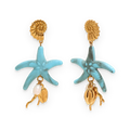 Pendientes colgantes de estrella de mar azul en acero dorado