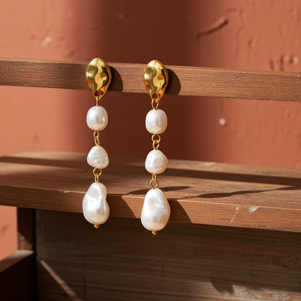 Pendientes largos de perlas en acero dorado