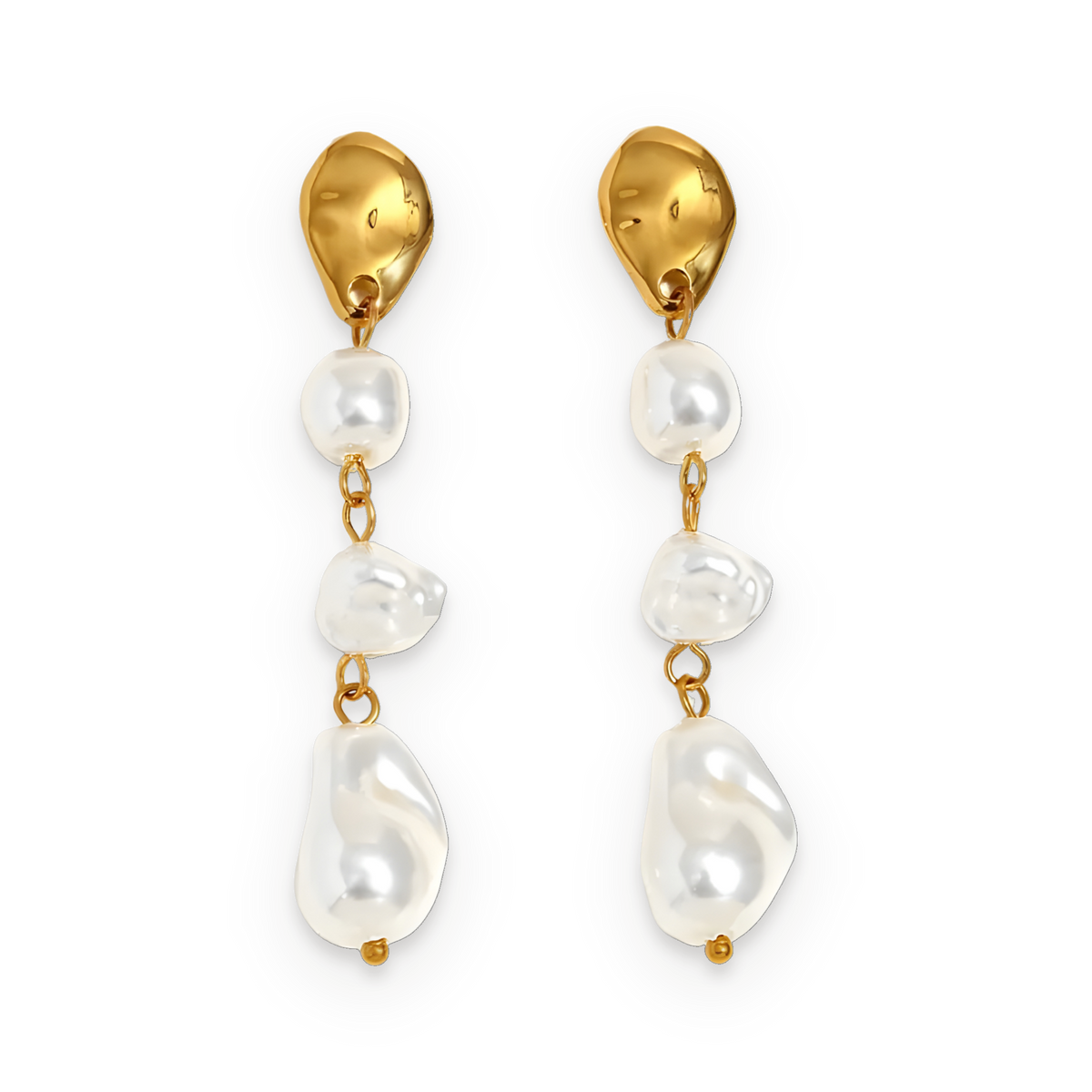 Pendientes largos de perlas en acero dorado