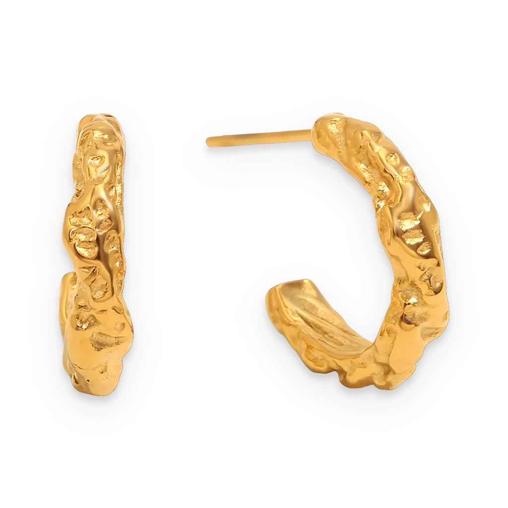 Pendientes de medio aro con textura irregular en acero dorado