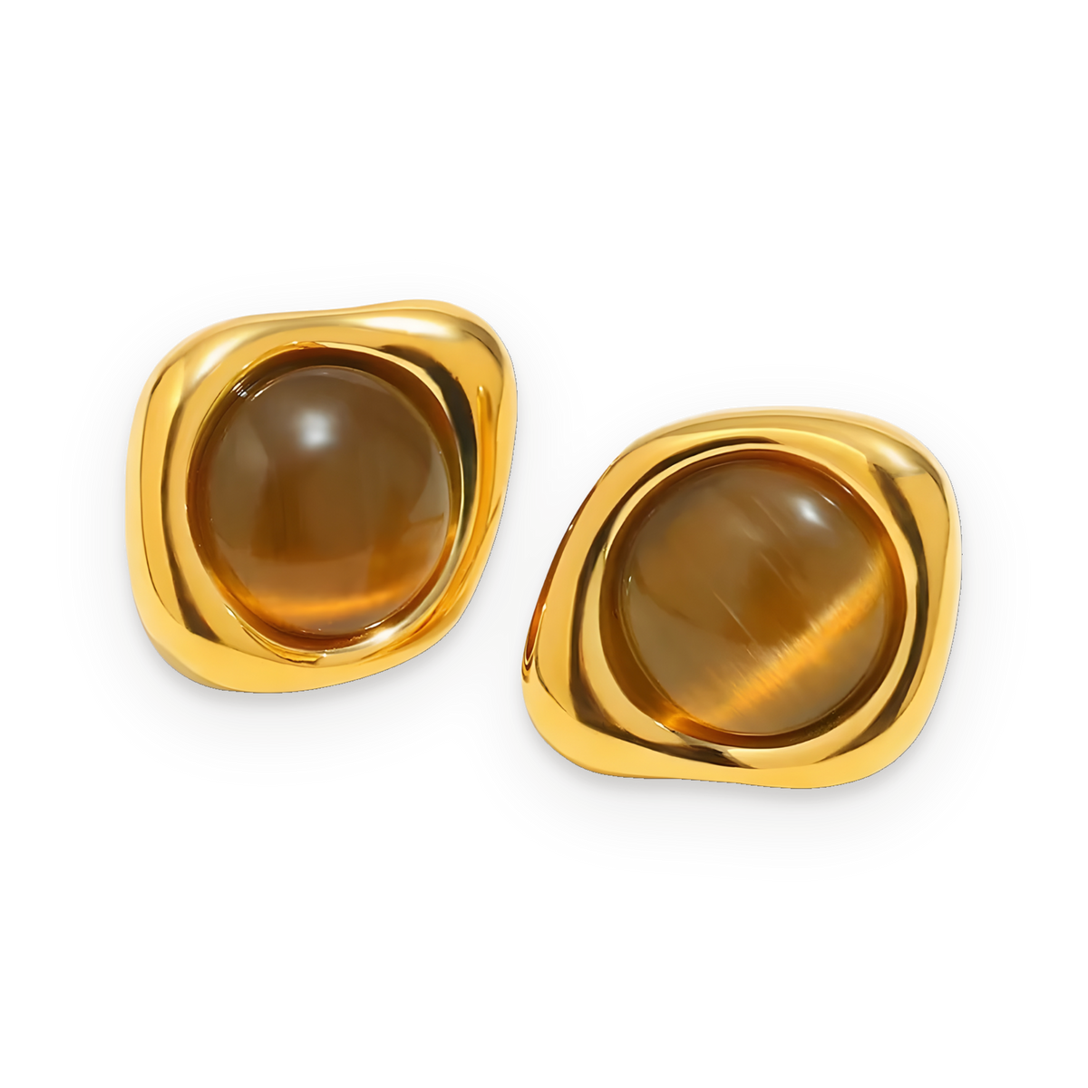 Pendientes de botón de piedras efecto ojo de tigre en acero dorado