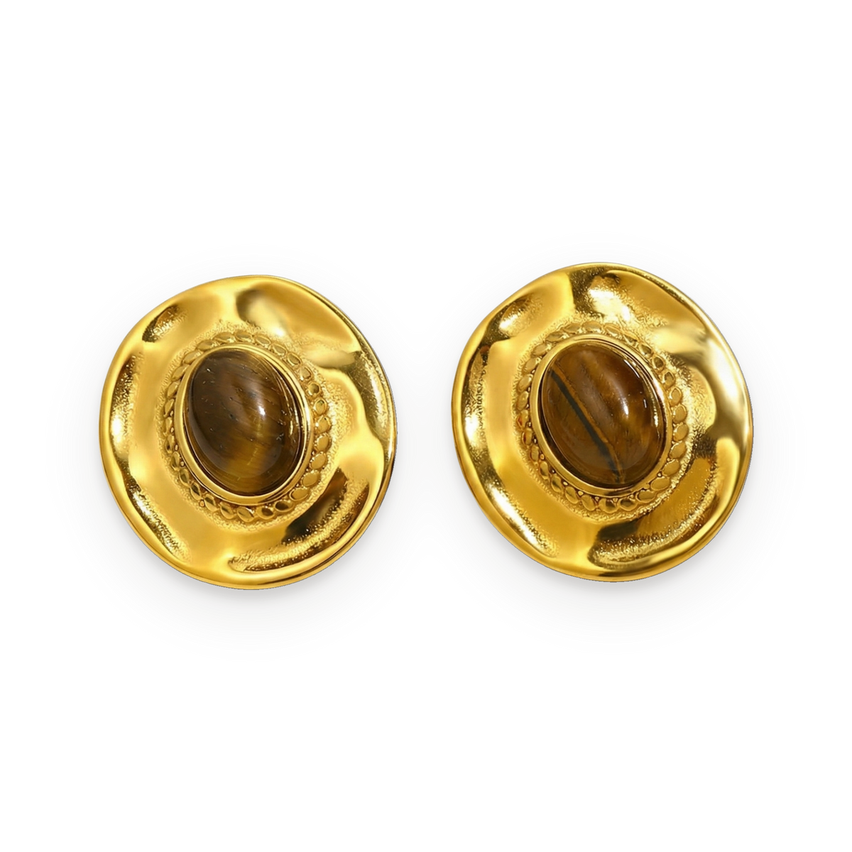 Pendientes de botón de ojo de tigre en acero dorado