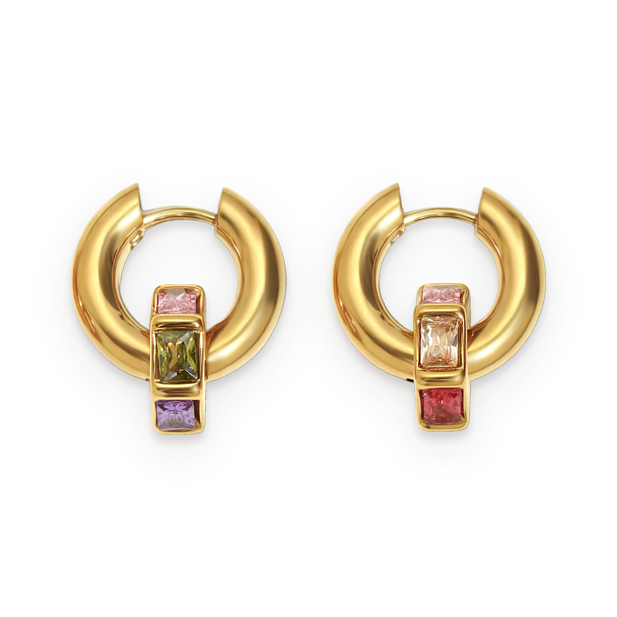 Pendientes de aro de circonitas de colores en acero dorado