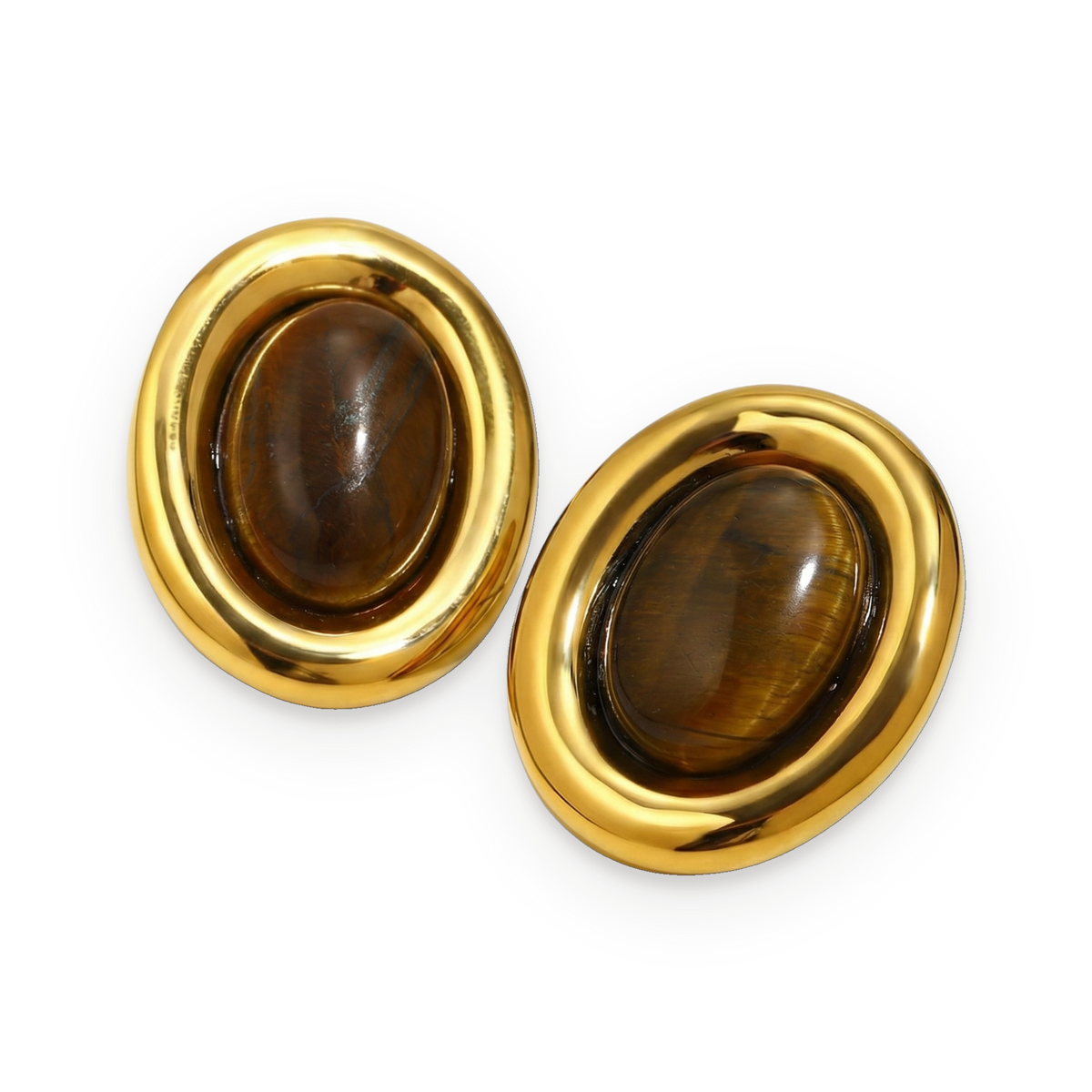 Pendientes ovalados de ojo de tigre en acero dorado