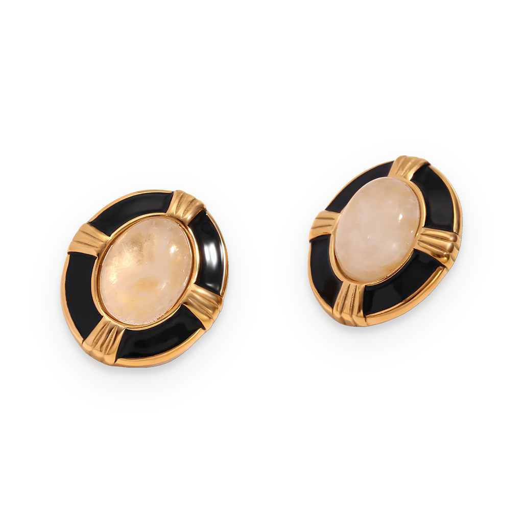 Pendientes ovalados de piedra natural en acero dorado