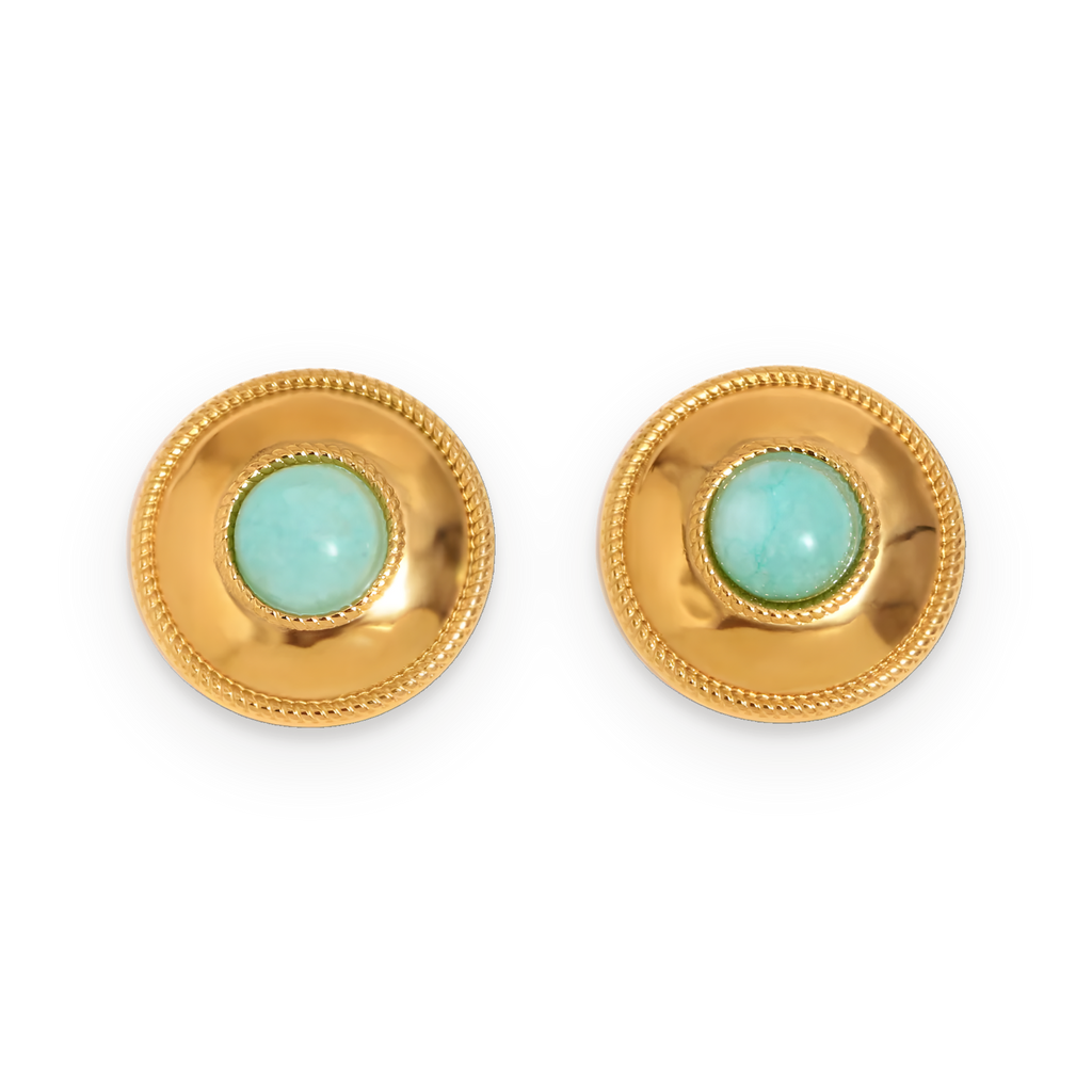 Pendientes de botón de piedra verde agua en acero dorado