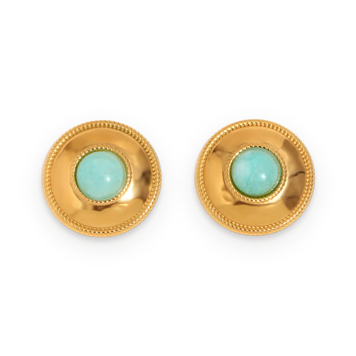 Pendientes de botón de piedra verde agua en acero dorado