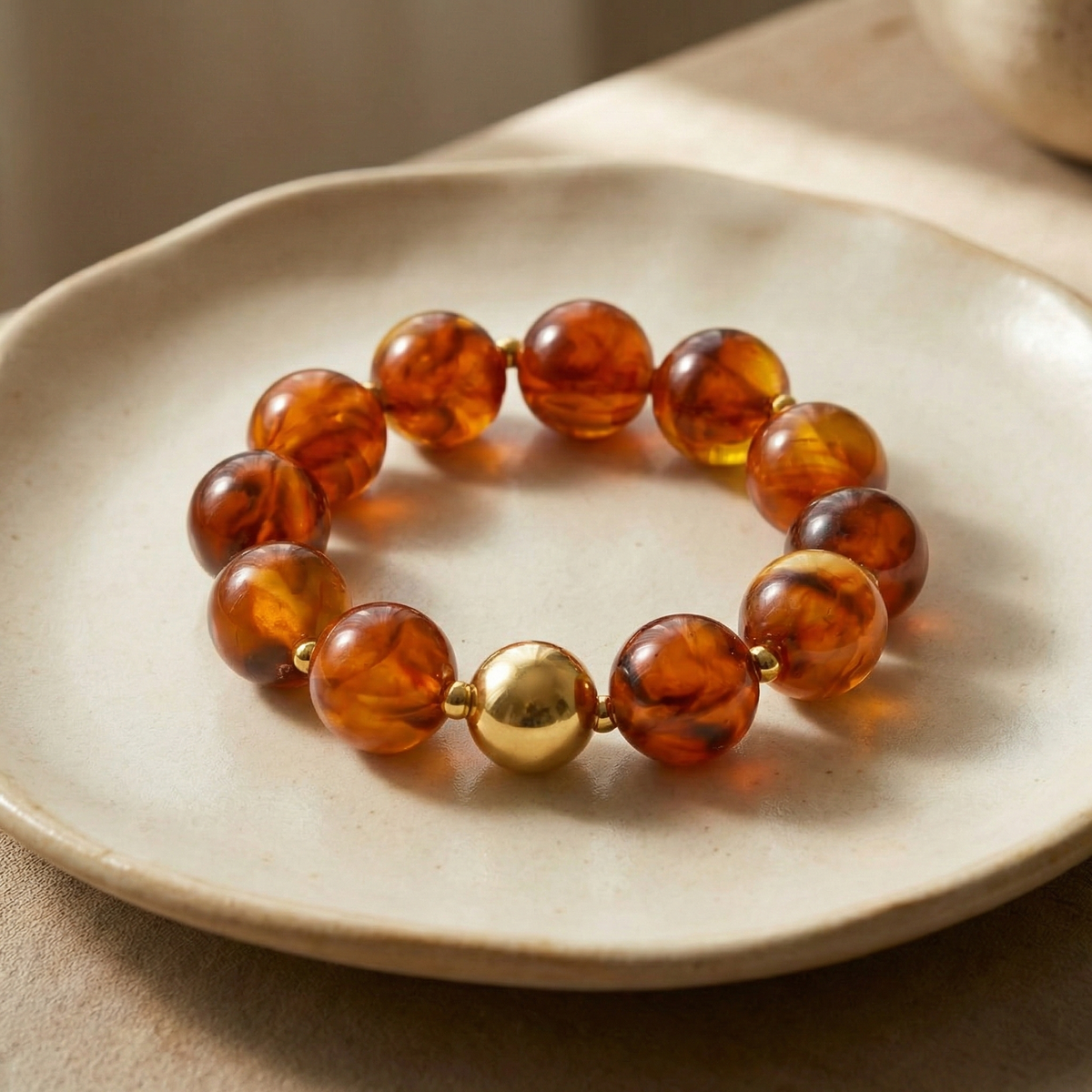 Pulsera de cuentas de piedra natural en acero dorado
