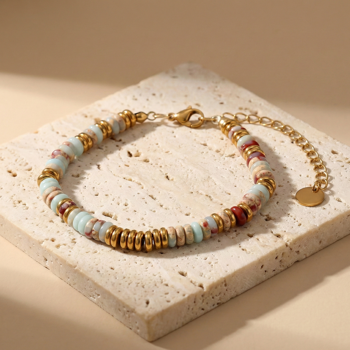 Pulsera de cuentas de ágatas cereza en acero dorado