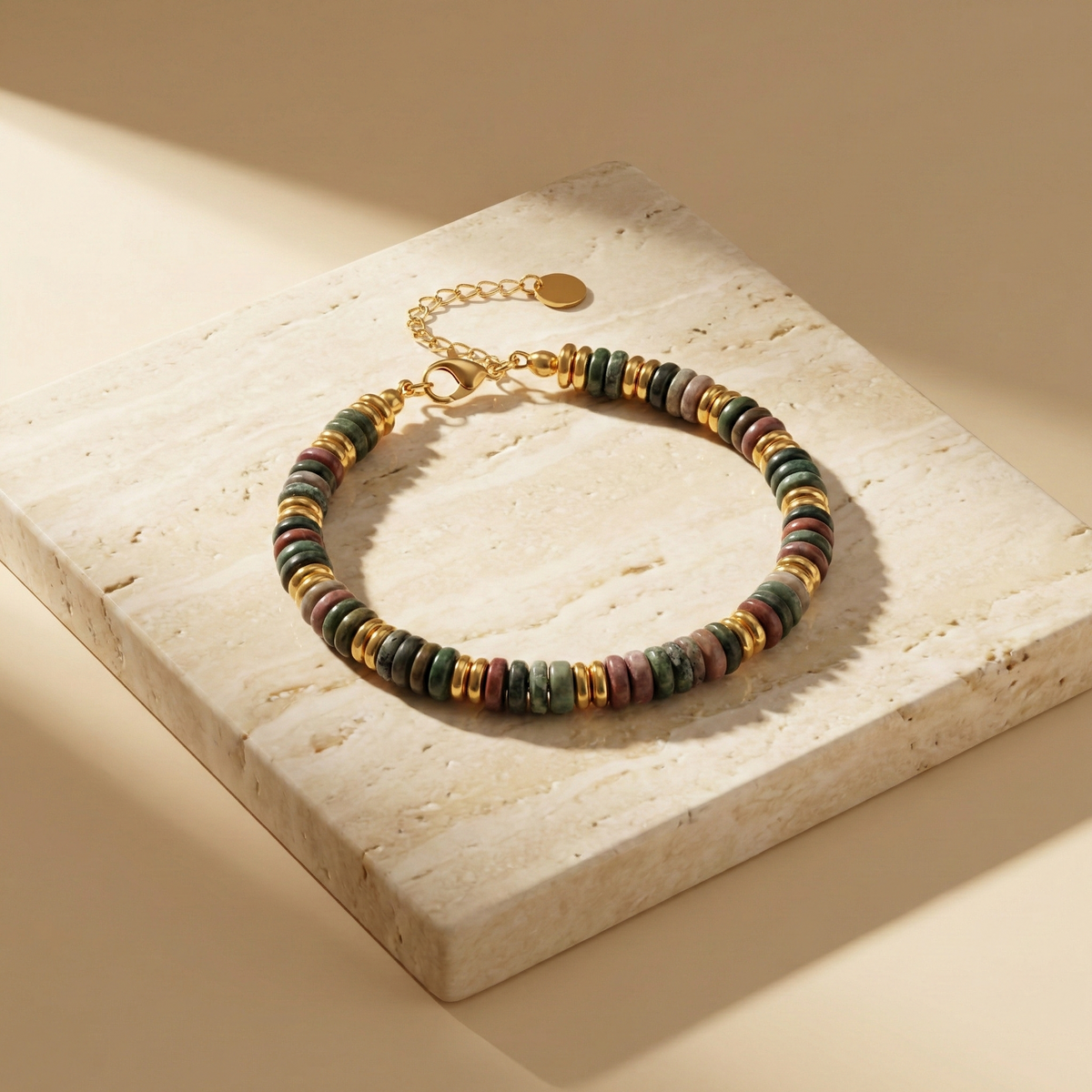 Pulsera de discos de piedra natural en acero dorado