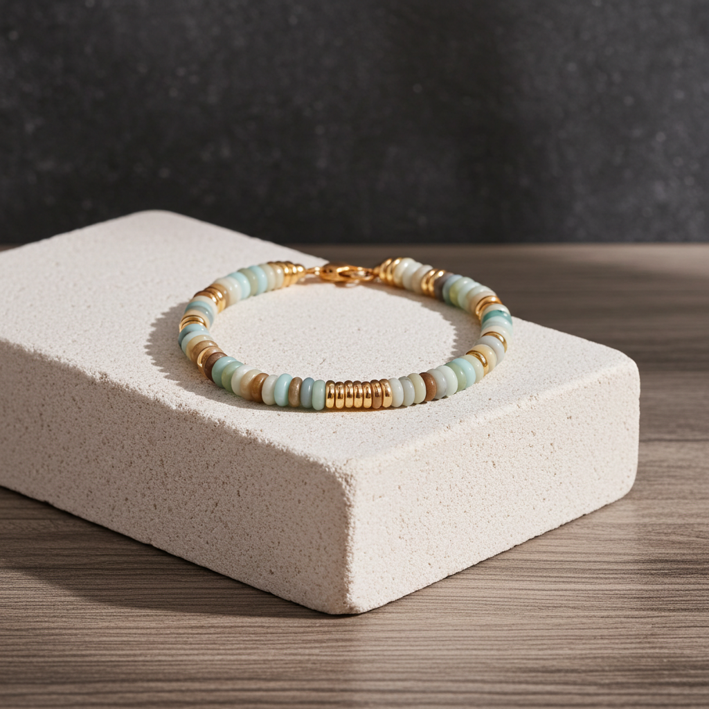Pulsera de cuentas de jaspe en acero dorado