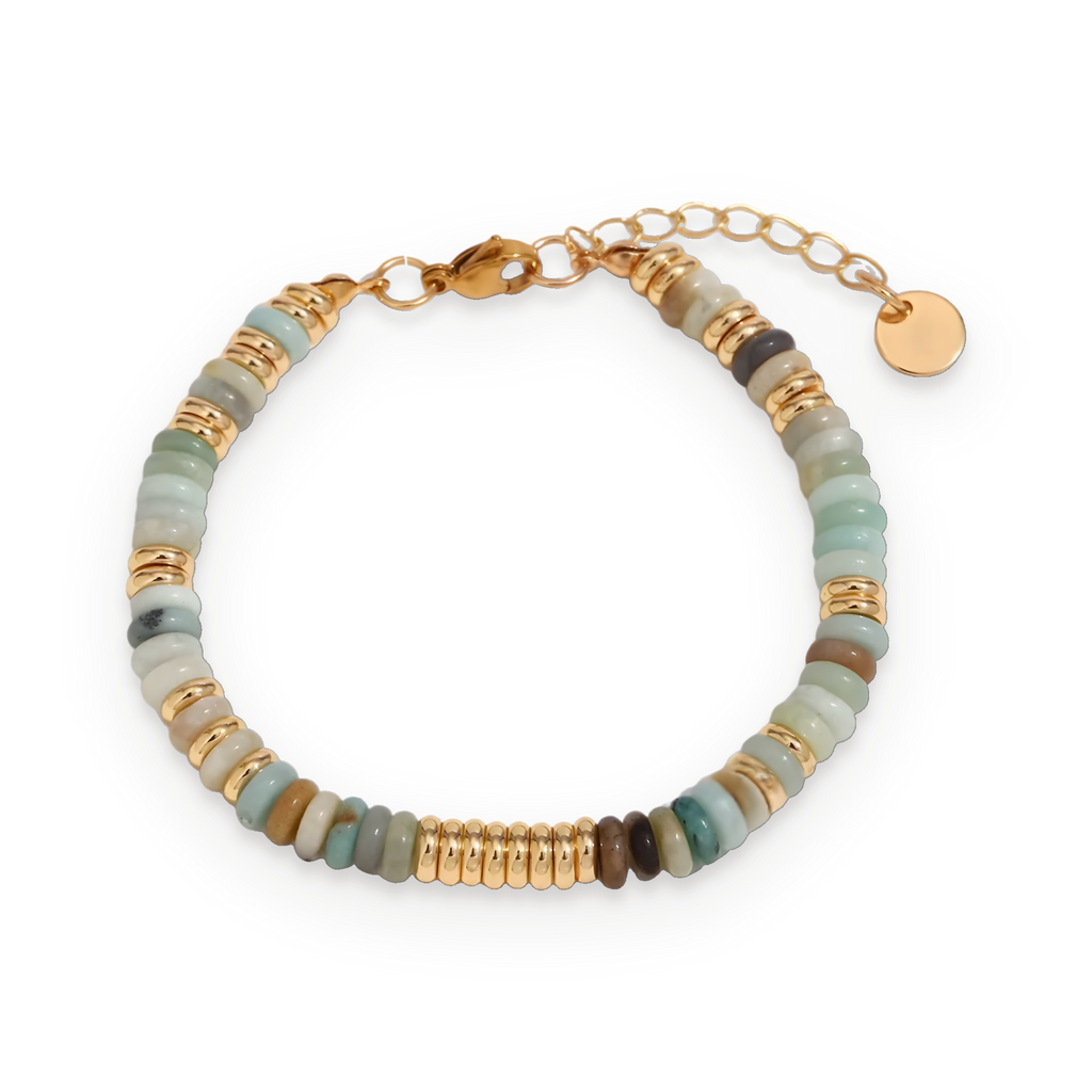 Pulsera de cuentas de jaspe en acero dorado