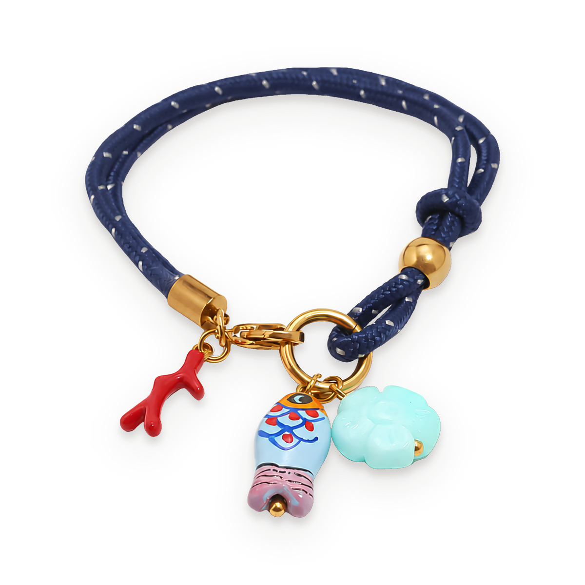 Pulsera de cordón con charms marinos en acero dorado