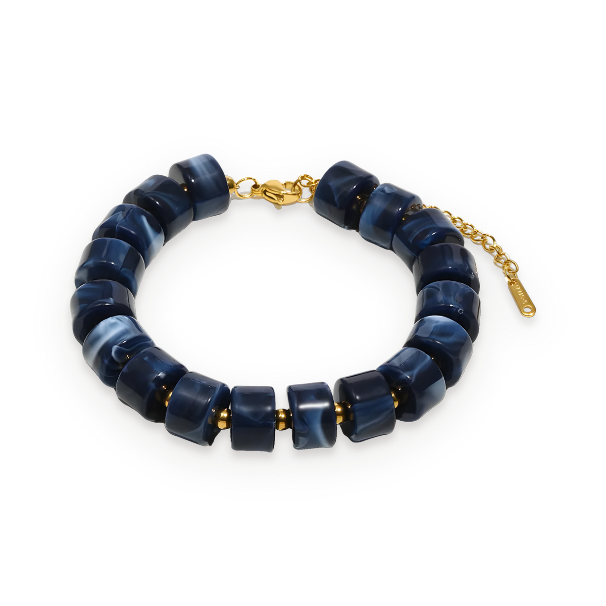 Pulsera de cuentas acrílicas azules en acero dorado