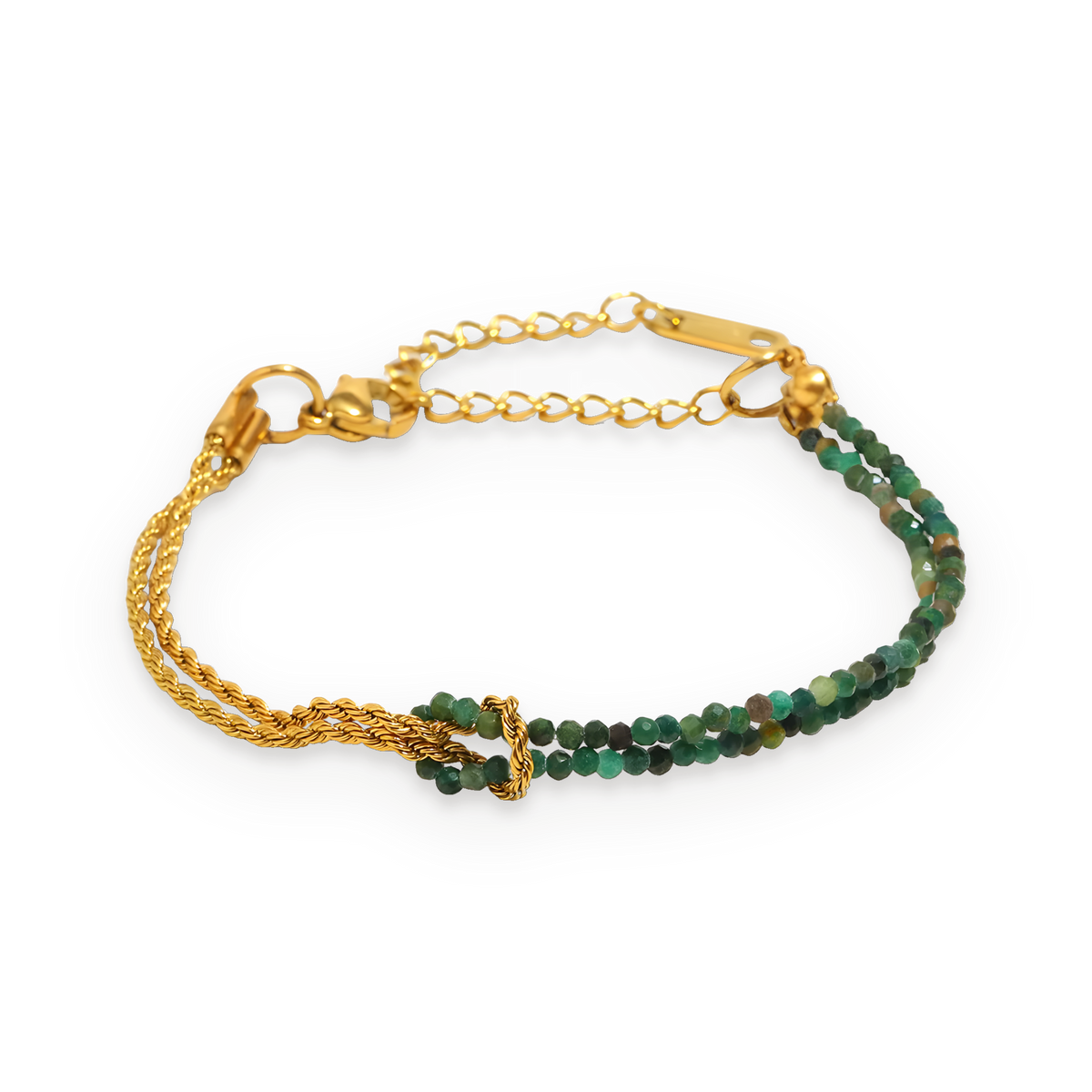 Pulsera de cuentas de piedra verde en acero dorado