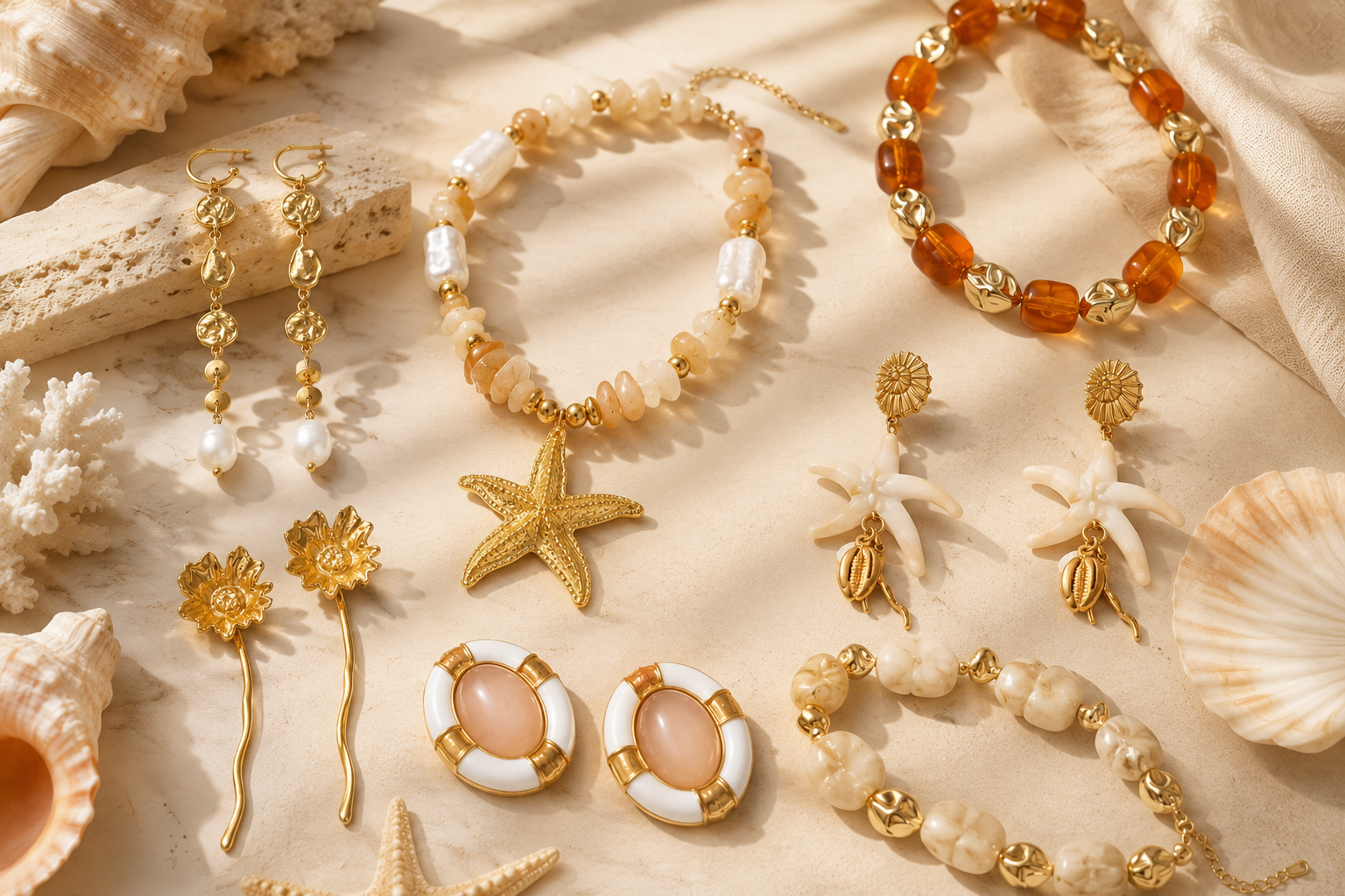Joyas doradas, perlas y formas marinas de la colección Verano BRIORA