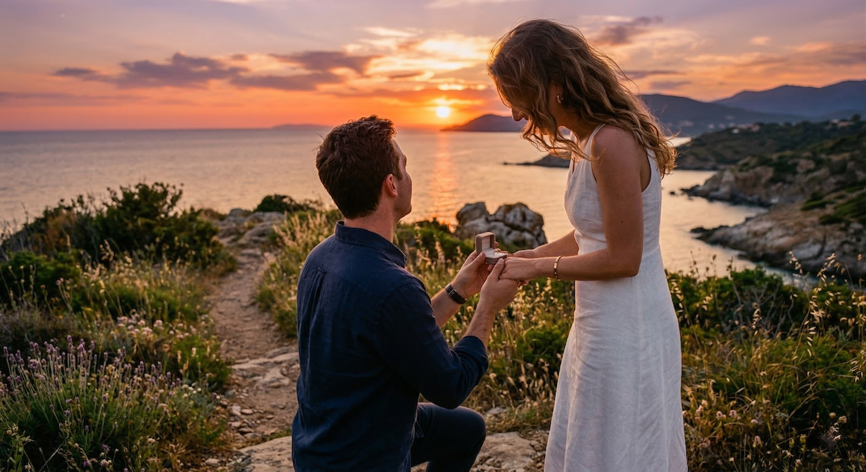 Petición de matrimonio al atardecer con un anillo BRIORA